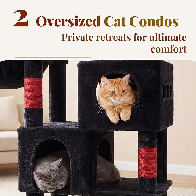 Hey-brother Cat Tree Tower with Stable L-Shaped Widen Base, Condo, MPJ086BR | 68.5 Inches Multi-Level Furniture with 2 Platforms, 11 Scratching Posts, Hammock and Toys Ball for Indoor Cats, Black and Red