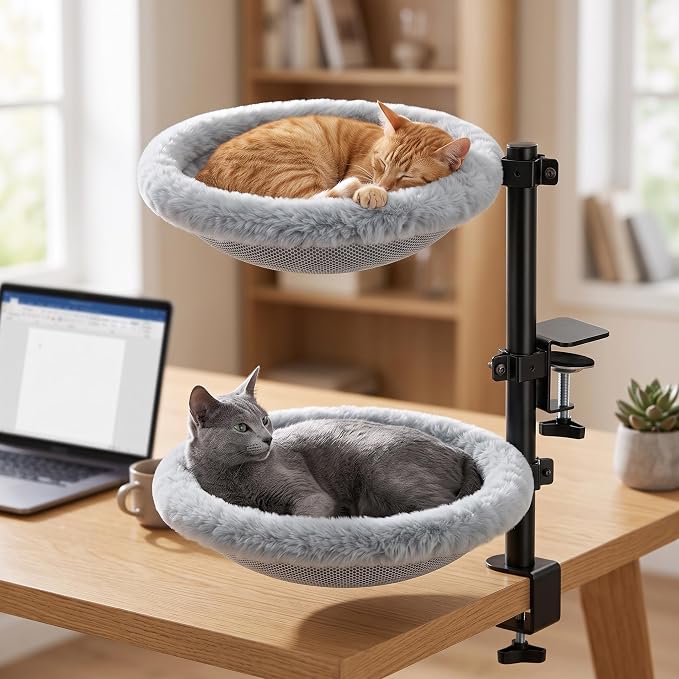 2-Tier Cat Desk Bed, Purrlato Lockable 360° Swivel, Steel Frame, 15.7-Inch | for Large Cats, Adjustable Clamp 0.5-3", Dual-Sided Cushion, 11-14" Height, No-Drill Mount, Machine Washable, Anti-Slip Base