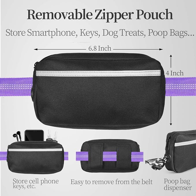 iYoShop Hands Free Dog Leash with Zipper Pouch, Dual Padded Handles and Durable Bungee for Walking, Jogging and Running Your Dog (Large, 25-120 lbs, Purple)