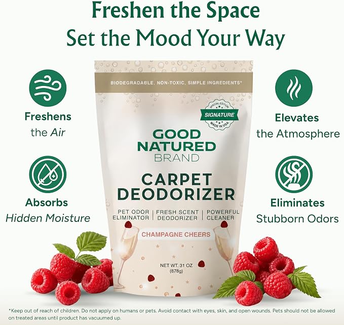 Good Natured Brand | Carpet Deodorizer & Freshener Powder | 31 oz Pet Odor Eliminator for Strong Odor & Pet Urine | Champagne Cheers Scent | Safe for Homes with Pets