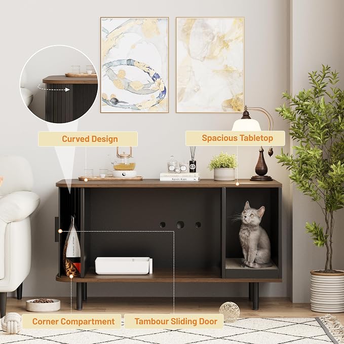 Halitaa 37.4" Cat Litter Box Enclosure with Scratch Pad, Sliding Door | Litter Box Enclosure Furniture Hidden Litter Box, Modern Indoor Cat House, TV Stand, Side End Table for Living Room, Black