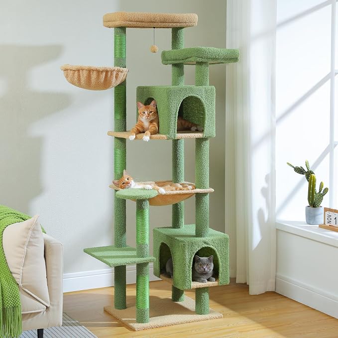 69" Cactus Cat Tree for Indoor Cats Large Adult, Multi-Level Cat Tower | Multi-Level Cat Tree with Scratching Posts, Soft Padded Perch, 2 Dangling Toys