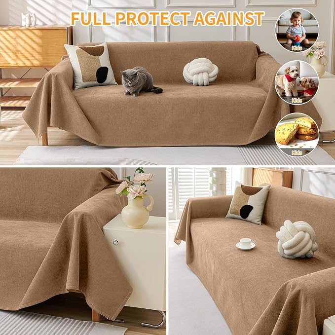 Deep Dream Cat-Scratch Resistant Couch Cover, Waterproof Sofa Cover for 2 Cushion Couch Washable, Pet Friendly Couch Protectors Anti Slip Thickened Slipcovers for Dogs Pets, 71" x 102", Brown