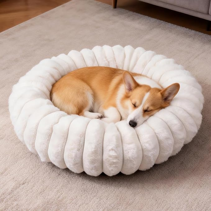 Donut Dog and Cat Bed, Luxurious Comfortable Faux Rabbit Fur Pet Beds, Soft Anti-Anxiety Calming Puppy Kitten Bed with Anti-Slip Bottom for Small Medium Dogs & Cats(23", White)