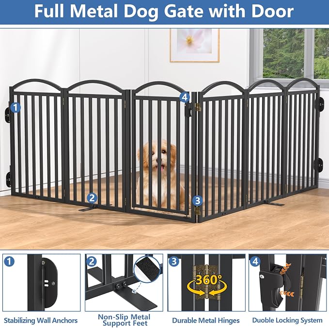 Malier Metal Freestanding Dog Gates with Door, Outdoor Indoor Dog Fences, Extra Wide Foldable Puppy Gate for Stairs, Hallways, Yard (Black, 120''W × 32''H【6 Panels】)
