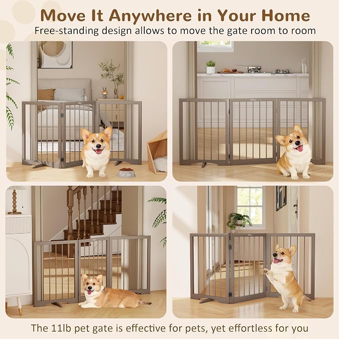 Free Standing Dog Gate Indoor, Foldable Dog Gate for Doorways Stairs | 3-Panel Freestanding Pet Gate with Support Feet for Stability, Folding Puppy Gate Easy to Move, Doggy Gate 54"x24", Brown