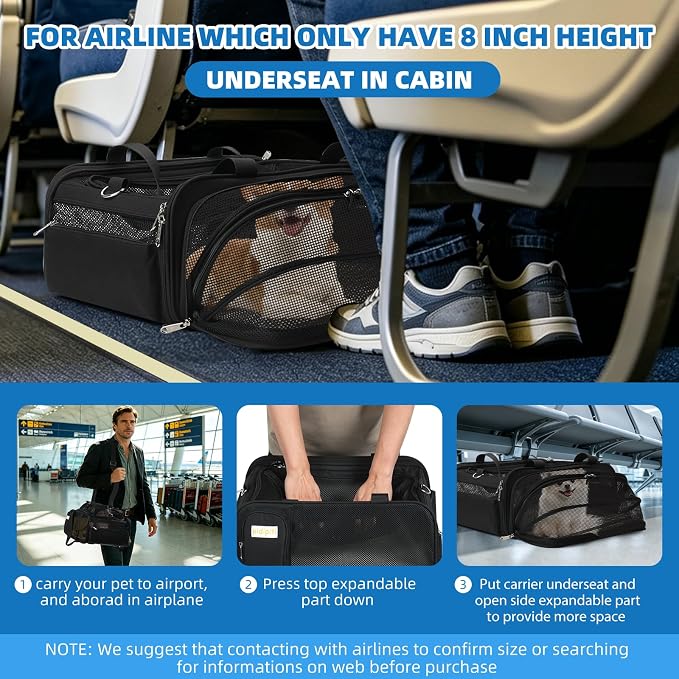 pidipiti 18x14x8 Soft-Sided pet Carrier,for 1 Extra-Small Dog/Medium cat | top and 1 side Expandable,TSA Approved,for Airlines only Have 8'' Height Space underseat,with zipper lock,good Visibility