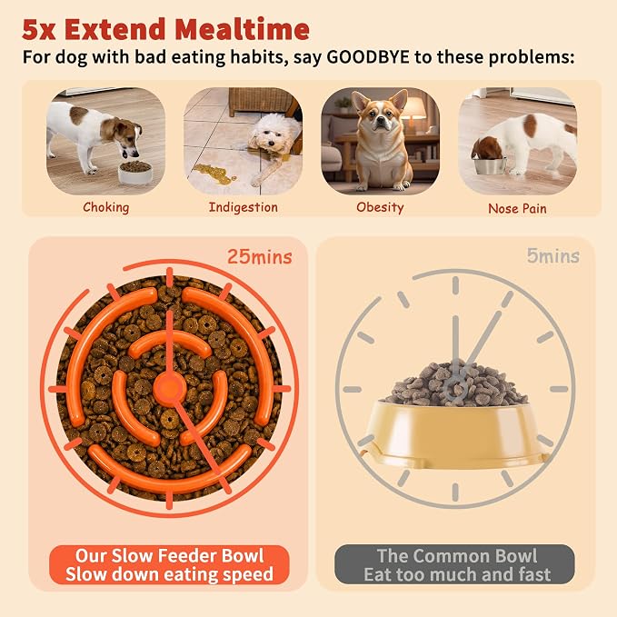 Elevated Slow Feeder Dog Bowl, 8.8" Ceramic Maze Dog Bowl with Stand | 3.2 Cups Slow Feeding Dog Dish for Fast Eaters, 7" Tall Anti-Slip Raised Slow Feeder for Medium to Large Breeds, Orange