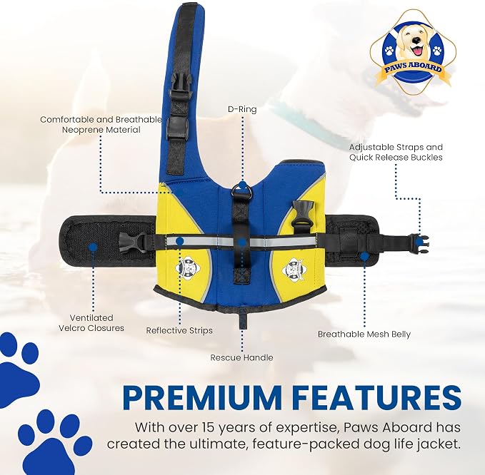 Dog Life Jacket — Premium Swim Vest with SafeChin Anti-Choke Collar | PAWS Aboard Blue & Yellow | RapidLift Rescue Handle, D-Ring, Reflective Trim | Boating, Kayaking, Pool | XX-Small (Under 6 lbs)