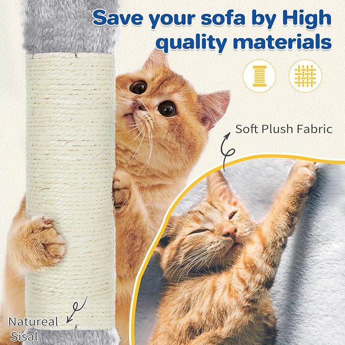 ABCPET 63" Multi-Level Cat Tree Tower for Indoor Cats, Light Grey | 63" multi-level cat tower with sisal scratch posts, cat condo, hammock, dangling toy & wide perch for indoor cat rest & play