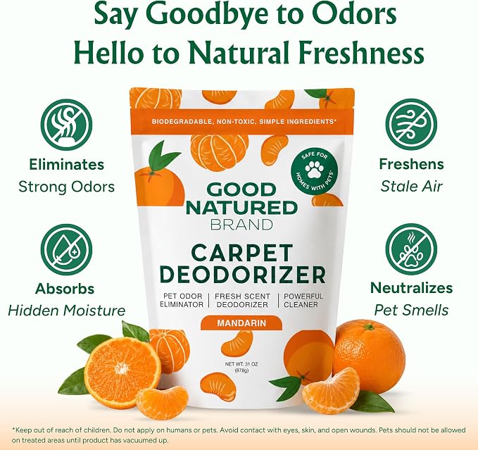 Good Natured Brand | Carpet Deodorizer & Freshener Powder | 31 oz Pet Odor Eliminator for Strong Odor & Pet Urine | Fresh Natural Mandarin Scent | Safe for Homes with Pets