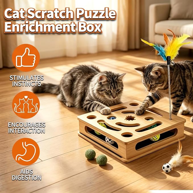 Cat Scratch Puzzle Enrichment Box, Bamboo Wooden Cat Nail File Enrichment Toy, Claw Saver Toy for Cats