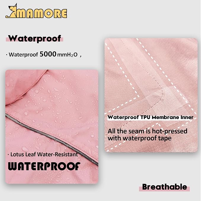 MAMORE Dog Raincoat, Waterproof Rain Jacket for Small Medium Large Dogs, Windproof Reflective Adjustable Breathable Pet Rain Coat with Storage Pocket and Leash Holes (Pink, 3X-Large)