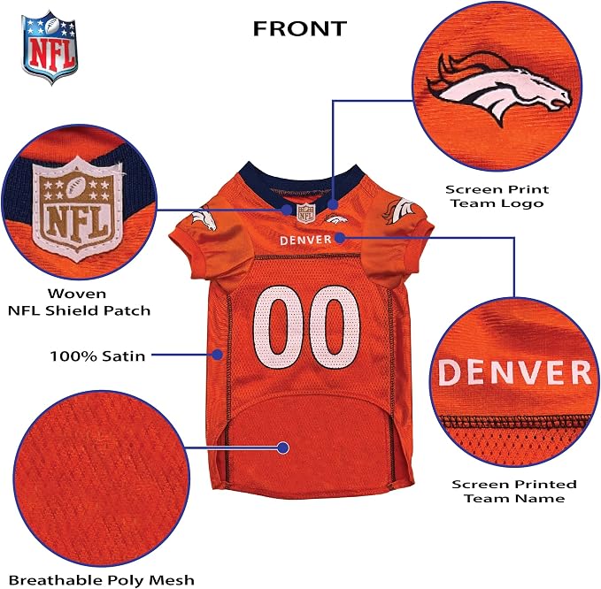 Pets First NFL Denver Broncos Dog Jersey, Size X-Small, Football Shirt Costume for Pet, Dog Sports T-Shirt, NFL Team Clothing for Cats, Licensed Pet Apparel Available in 7 Sizes and 32 Teams