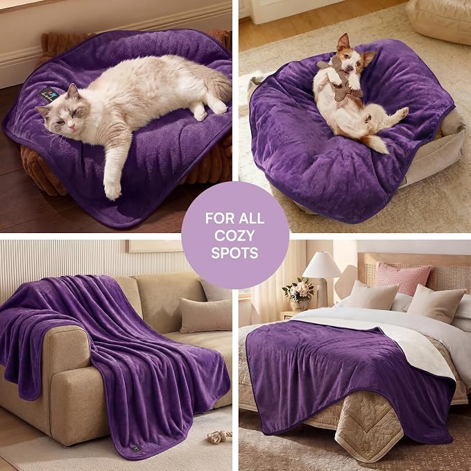 Luciphia Waterproof Pet Blanket, Washable Reversible Sherpa Fleece Throw | Liquid-proof furniture protector for bed and couch, soft reversible sherpa fleece for dogs, cats purple, XL