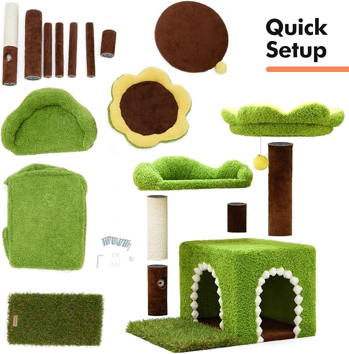 Woochpet Sunflower Short Cat Tree with Cat Scratching Posts Small Cat Tower | Cat Condo,Cat Perch,Cat Bed 3-in-1 Cat Scratcher for Small Cats and Kittens