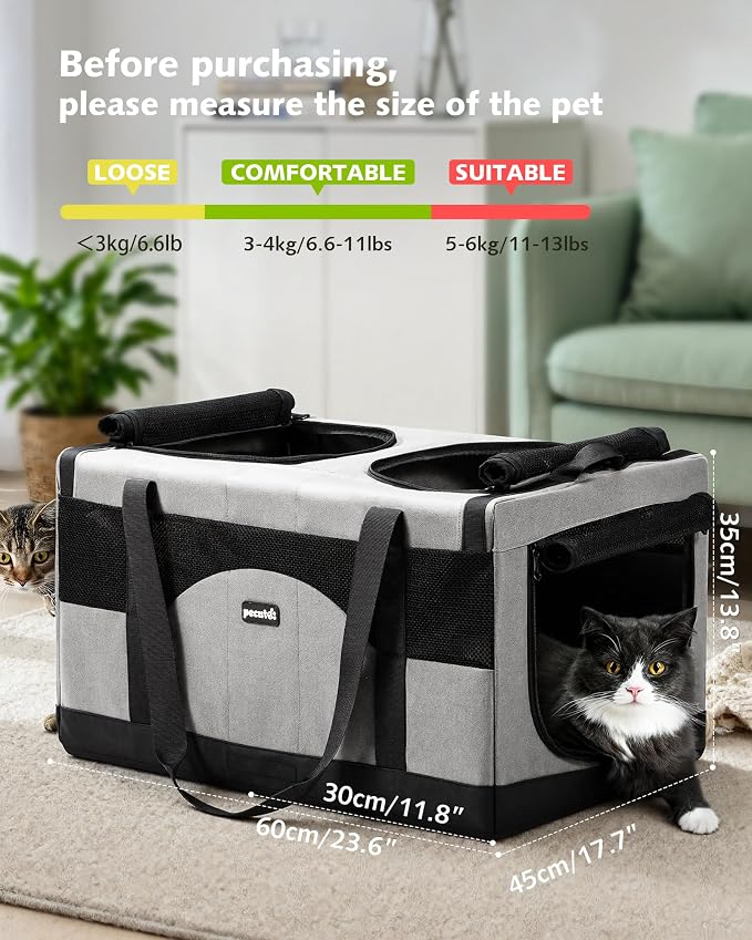 Pecute Cat Carrier, Soft Double Pet Crate for 2 Cats Travel, Gray | Anti-Collapse Steel Frame, Convertible Dual Space, Foldable, Polyester Breathable mesh, Up to 26 lbs, Car Travel & Vet Visits