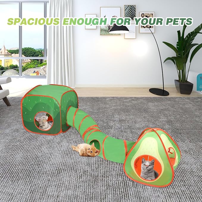 Rypet Cat Toy Tunnel and Cubes Bundle, Play Tubes for Indoor Cats, Green | 3-in-1 Tunnel Cubes Tent, Crinkle Tube for Play, DIY Shapes, Ball and Bell for Play, Tear-Resistant Polyester, Folds Flat