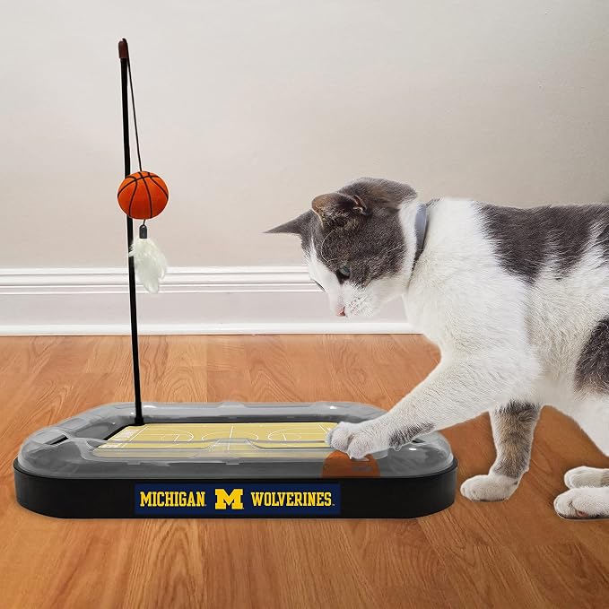 Cat Scratch Toy NCAA Michigan Wolverines Reversible Basketball Court Felt/Cardboard Cat Scratcher Toy. Interactive Cat Ball Bell in Tracks. 6-in-1 CAT Toy Cat Wand Poll Catnip-Filled Plush Basketball