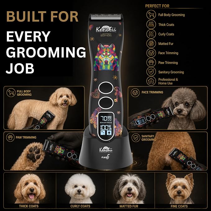 Kenchii Flash 5 Professional Dog Grooming Clippers, Cordless 5-Speed Pet Hair Trimmer for Thick Coats & Matted Fur, Quiet Heavy Duty Clipper, 5-in-1 Adjustable Blade, LCD Display, USB-C (Wolf Edition)
