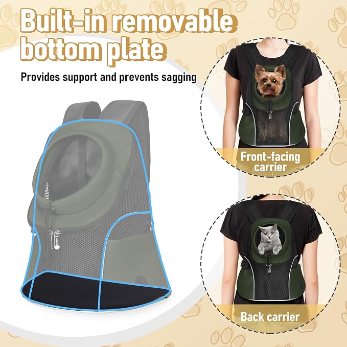 WOYYHO Pet Dog Carrier Backpack, Ventilated Mesh Small Dog Front Backpack | Breathable Puppy Back Pack, with Safety Belt, Storage Pockets, for Travel Hiking Cycling Outdoor Adventures, Army Green, S
