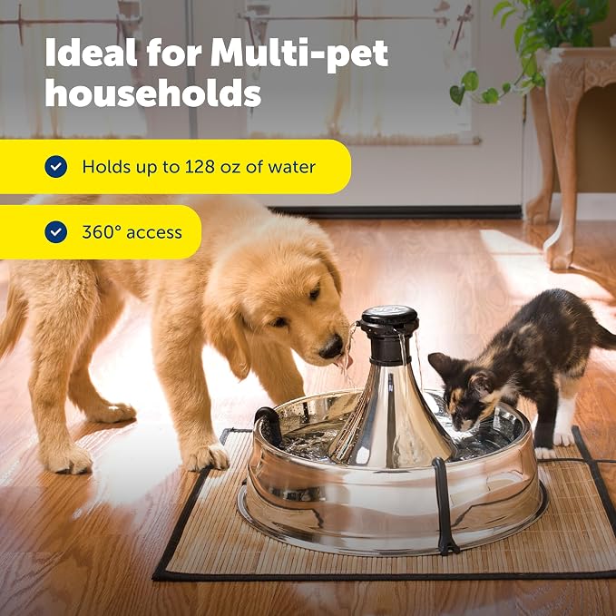 PetSafe Drinkwell Stainless 360 Multi-Pet Fountain, 128oz, 12 Filters Incl. | Customizable 1-5 Water Streams, Rust/Scratch-Resistant Stainless Steel, 12 Carbon + 2 Foam Filters Included