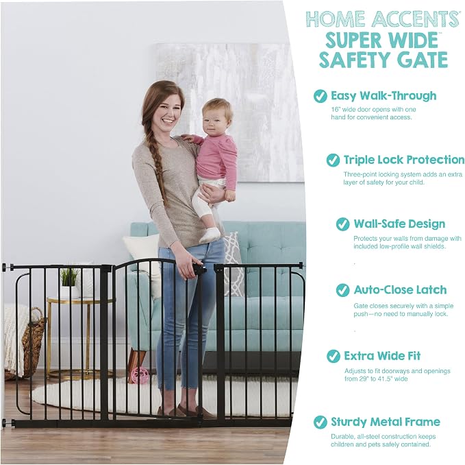 Regalo Safety 30.5"-58" Extra Wide Baby Gate, Bottom of Stairs & Doorways | Pressure Mounted with Door, For Babies, Toddlers & Pets, Bronze, Tested & Trusted for 30 Years