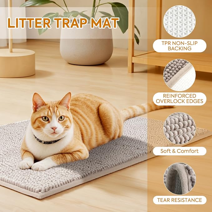 Pieviev Soft Chenille Cat Litter Box Mat, Ultra Absorbent, 28'' x 22'' | Long Plush Chenille Traps Cat Deeply, Waterproof Tpr Anti-Slip Backing, Absorbs Moisture, Machine Washable Cat Mat