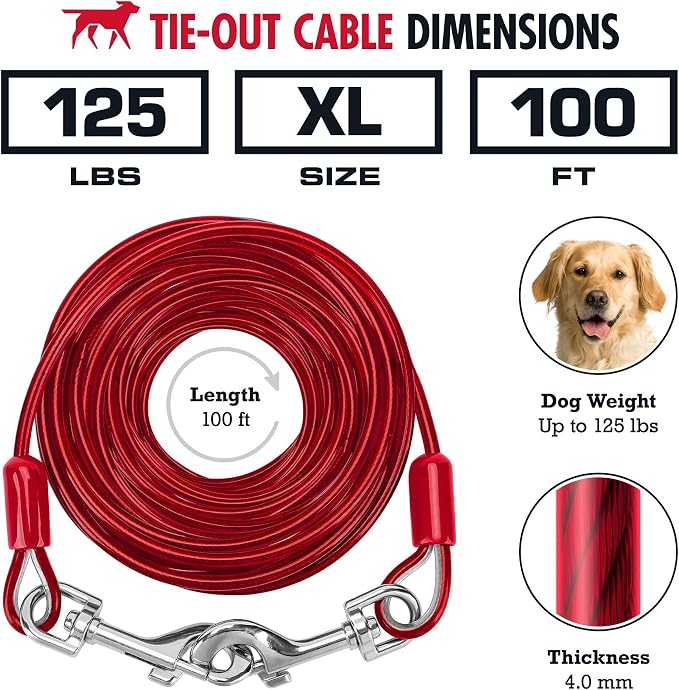 Tuff Pupper Dog Tie Out Cable, 100 ft Heavy Duty Lead for up to 125 lb Dogs | Extra-Strong Coated Steel Wire for Large Dogs; Water/Rust Resistant Yard Runner Line with 360-Degree No-Tangle Swivel Clips