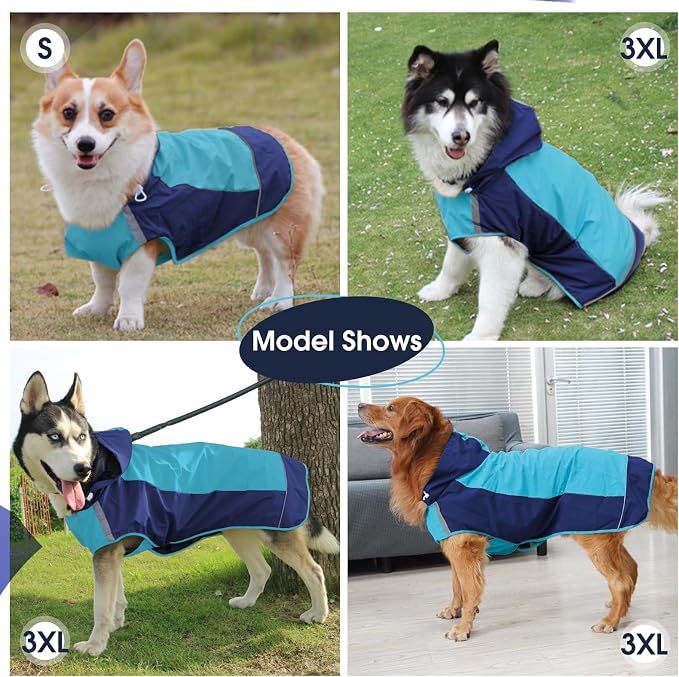 IECOii Hooded Dog Raincoat,Reflective Large Dog Rain Poncho,Ensure Safety in Low - Light Conditions, Adjustable Fit with Magic Sticker,Lightweight Waterproof Pet Rain Coat,Blue,XXL