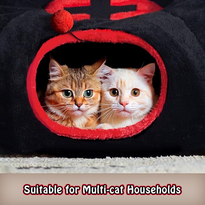 Gothic Coffin Tunnel Cat Bed, Washable, Fits Cat up to 25 lbs | Two-way tunnel design. Size: 10"x33.5". Black & Red. Includes soft washable cushion. Also for small rabbits indoor.