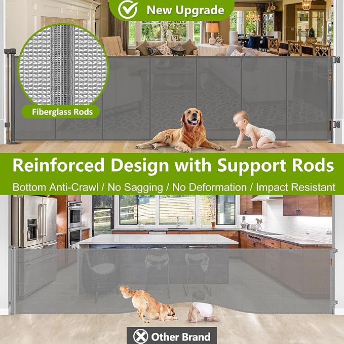Reinforced 42" Tall 195" Extra Wide Retractable Fence Outdoor/Indoor, Gray | Tall Baby Gate Extra Long Dog Gate for Gagage, Space-Saving, Easy to Use, Safety Lock, Scratch-Resistant Mesh, Easy Install