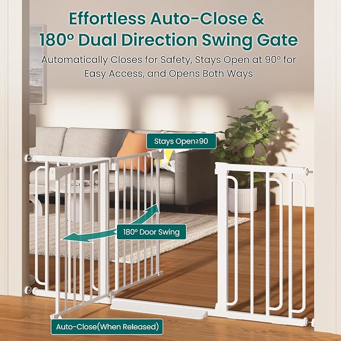 Cumbor 30.4-56.8" Extra Wide Baby Gate, Auto Close Dual Lock Dog Gate White | Easy Install Pressure Mounted Pet Gate for Doorways & Large Openings, Easy Walk Thru Safety Proofing for Babies & Large Dogs