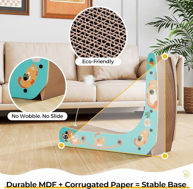 COZIWOW L-Shape Cat Scratcher Lounge, Corrugated Cardboard Scratching Pad for Indoor Cats, Durable Cat Furniture with Spring Toy (Colorful)