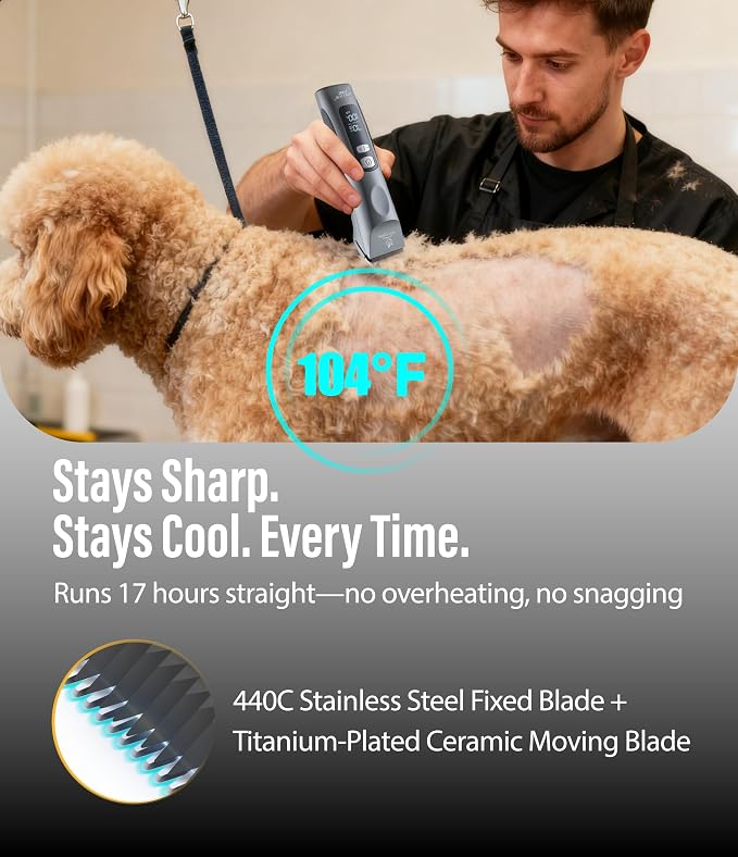 Professional Dog Grooming Clippers with 17H Runtime & Replaceable 440C Blade, 5-Speed Low Noise Electric Dog Shaver for Thick, Matted, Curly Hair, Cordless Clipper for Groomer & Home Use, White