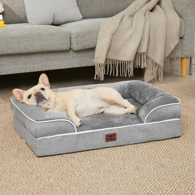 EHEYCIGA Orthopedic Dog Beds Large Sized Dog, Waterproof Washable Pet Bed | Non-Slip Bottom and Egg-Crate Memory Foam Dog Couch Bed with Washable Removable Cover, Grey