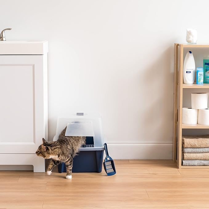 IRIS USA Large Front Door Cat Litter Box, Walk-in Entry, Navy | Easy Access Needs, Private Enclosure Design, Covered Walk-Through, Contained Environment, Privacy Hood