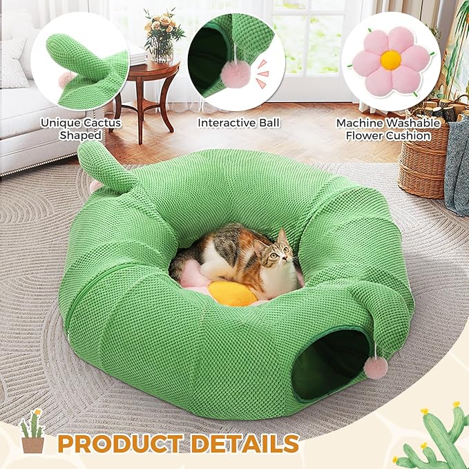PAWZ Road Cactus Cat Tunnel Collapsible Cat Donut Tunnel with Flower Bed | 38" diameter,2 tunnels & flower mat form Large cat tunnels Peephole & dangling balls for indoor adult cat
