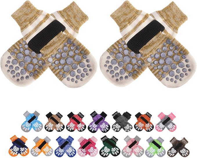 PUPTECK Anti-Slip Dog Socks with Double Sides for Small Medium Large Dogs Hardwood Floors Prevents Licking, Dog Shoes for Hot Pavement Traction Control Paw Protector for Senior Dogs, Striped Khaki XS
