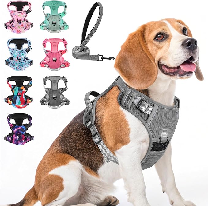 BEAUTYZOO No Pull Dog Harness Large, Adjustable Dog Harness and Leash Set -Easy Wearing with 3 Buckles/Control Handle,No Choke Soft Padded Reflective Pet Vest for Training Walking Hiking,Grey M