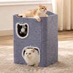 Joydeco Cat House for Indoor Cats, 2 Story Scratch Resistant Felt Cat Condo, Hideaway Pet Cave Bed with Fluffy Ball and Tunnel for Kitten, Small Dogs, Rabbits, 17.7 x 13.3 x 24, Grey