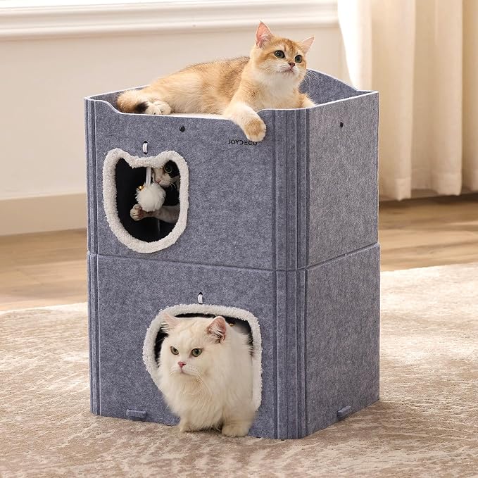 Joydeco Cat House for Indoor Cats, 2 Story Scratch Resistant Felt Cat Condo, Hideaway Pet Cave Bed with Fluffy Ball and Tunnel for Kitten, Small Dogs, Rabbits, 17.7 x 13.3 x 24, Grey
