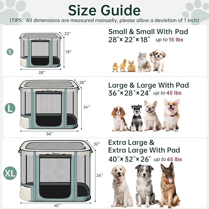 Siedihit Dog Cat Playpen Crate with Washable Pee Pad, Reinforced Durable | Dog Cage, Portable Foldable Pet Kennel with Breathable Visibility (Grey with Pad, Extra Large)