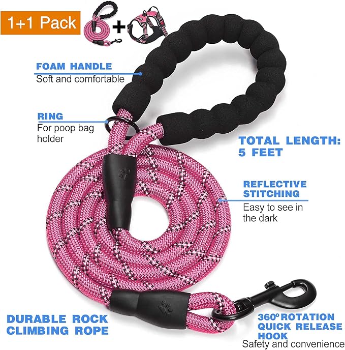 tobeDRI No Pull Dog Harness Adjustable Reflective Oxford Easy Control Medium Large Dog Harness with A Free Heavy Duty 5ft Dog Leash, Pink, L
