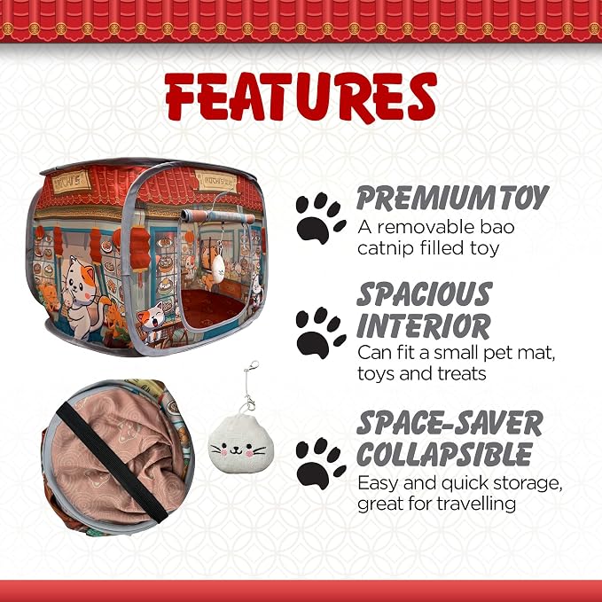 Cat House & Tent for Indoor Cats – Pop-Up Cat Tent House with Catnip Toy, Restaurant Theme for Cats & Kittens, Mochi’s Dim Sum Palace