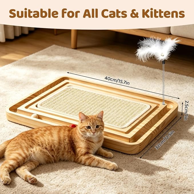 Cat Scratcher, Sisal Cat Scratcher Toy with Ball Track Spring Ball, Wooden Interactive Toy for Indoor Cats and Kittens Chasing Hunting Mental Physical Exercise Puzzle