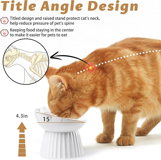 Ceramic Raised Cat Bowl，Tilted Raised Cat Bowl Anti Vomit Cat Bowls for Indoor Cats Whisker Friendly Pet Feeder for Cats Puppies, Microwave and Dishwasher Safe