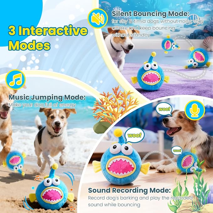 Interactive Moving Dog Toy, Automatic Bouncing Dog Toy with Rouncing Ball, Squeaky Plush Electronic Dog Toy for Small Medium Large Dogs, Vibrating Music Recording Mode to Keep Them Busy (Lanternfish)
