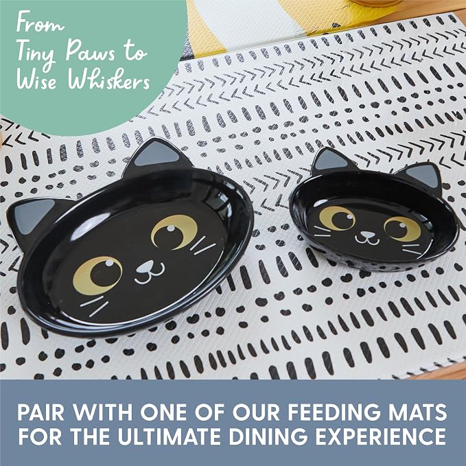 The Cat Ladies Ceramic Cat Bowls - Whisker Friendly Food Bowl - Cute Pet, Kitten Plates - Dishes for Indoor Cats - Dish for Wet Food & Water - Platos para Gatos - Black Cat, Set of 2