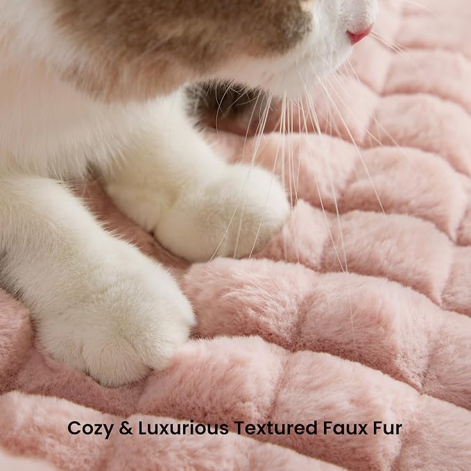 Cat Bed for Indoor Cats - Cute Pink Cat Couch Beds, Fluffy Pet Couch with Faux Rabbit Fur Washable Cover, Fuzzy Pet Sofa in 3D Diamond Pattern, 24inch